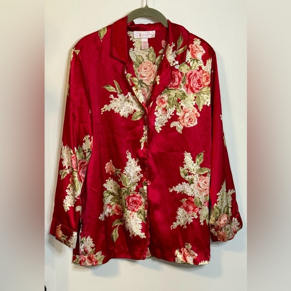 Oscar de la Renta Red Floral Long Sleeve Satin Button Up Blouse Top- Size Small - Picture 1 of 9